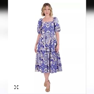 Vince Camuto Printed Cotton Puff-Sleeve Midi Dress Womens Size 4 New